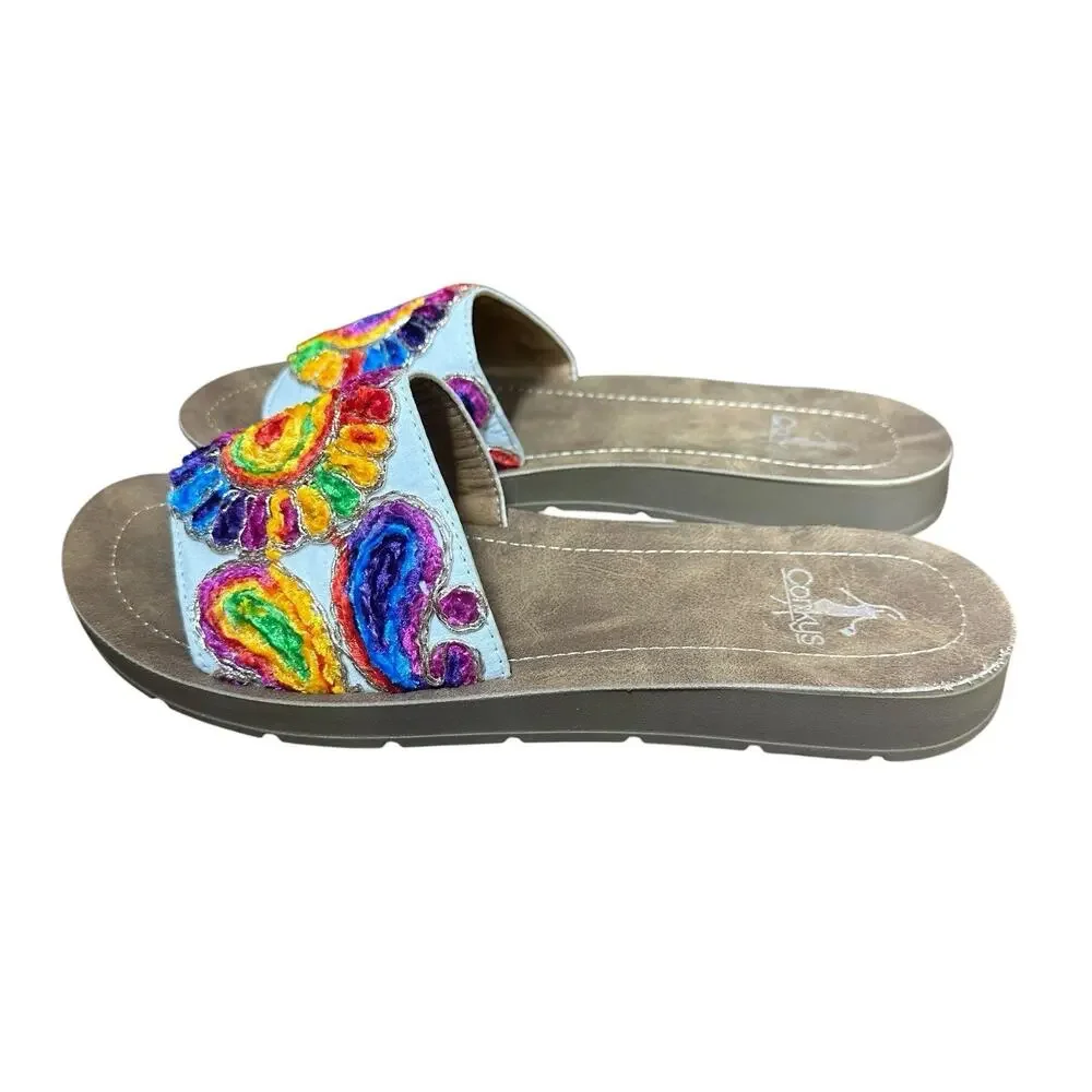 Corkys Pinwheel Slides Slip on Flat Sandals White Multicolor Flower Size 7 Boho‎